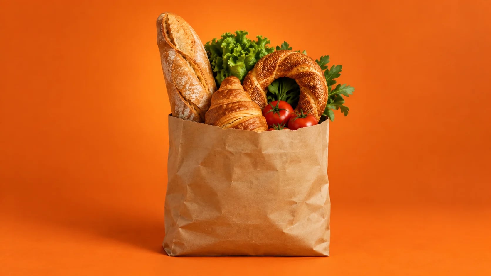 Ekmek, simit, kruvasan ve taze sebzelerle dolu bir sürpriz paket